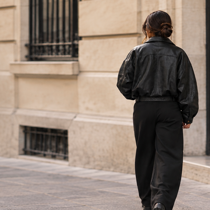 Veste en simili cuire noire oversize avec ceinture et détails doré