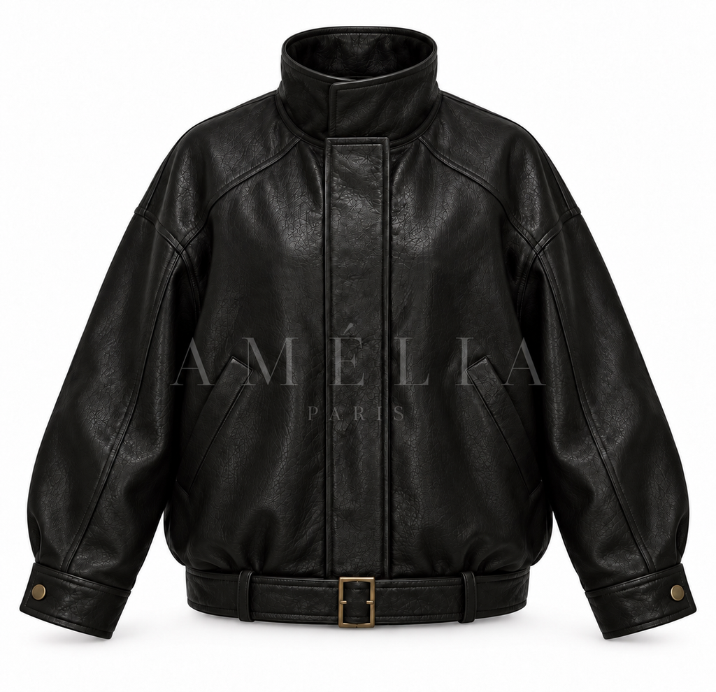 Veste en simili cuire noire oversize avec ceinture et détails doré