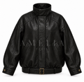 Veste en simili cuire noire oversize avec ceinture et détails doré